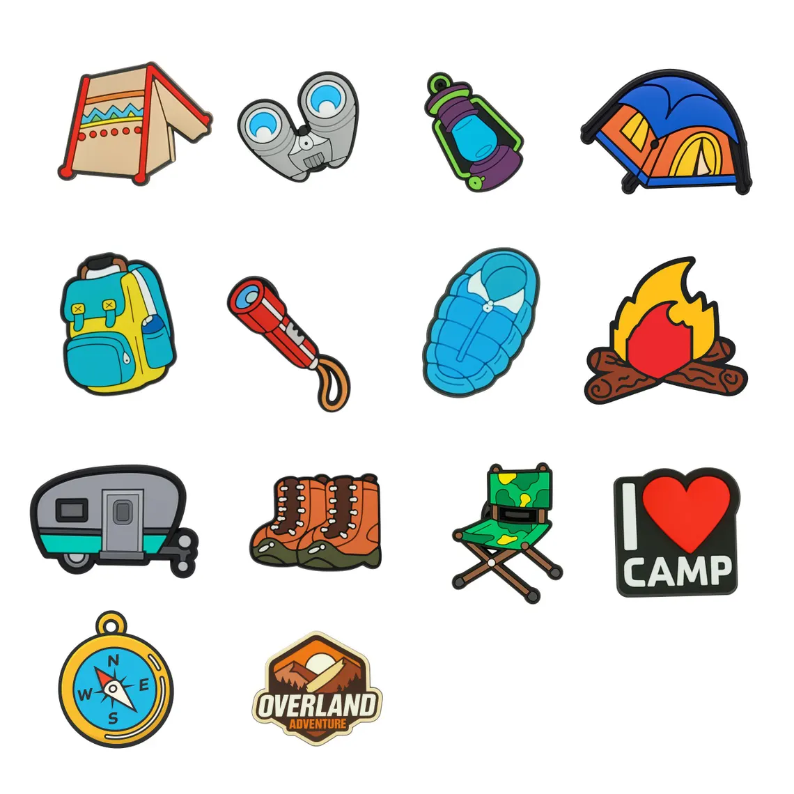 CH4X4 Camping Shoe Charms – Outdoor Adventure Accessories with Tent, Compass, Boot, Campfire for Clogs, Sandals, Sneakers, Bags with holes