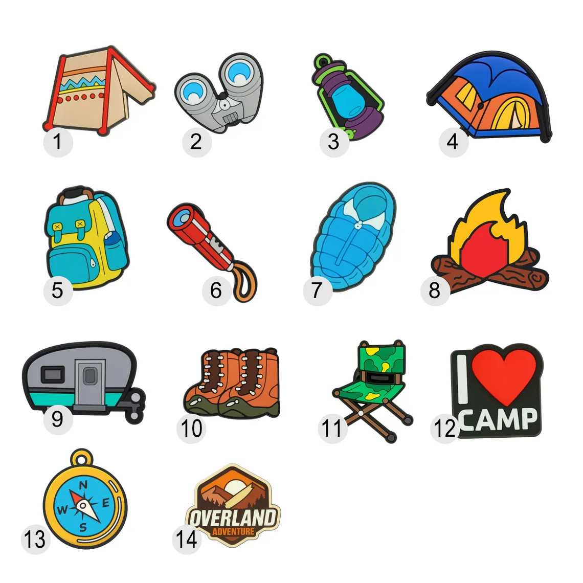 CH4X4 Camping Shoe Charms – Outdoor Adventure Accessories with Tent, Compass, Boot, Campfire for Clogs, Sandals, Sneakers, Bags with holes